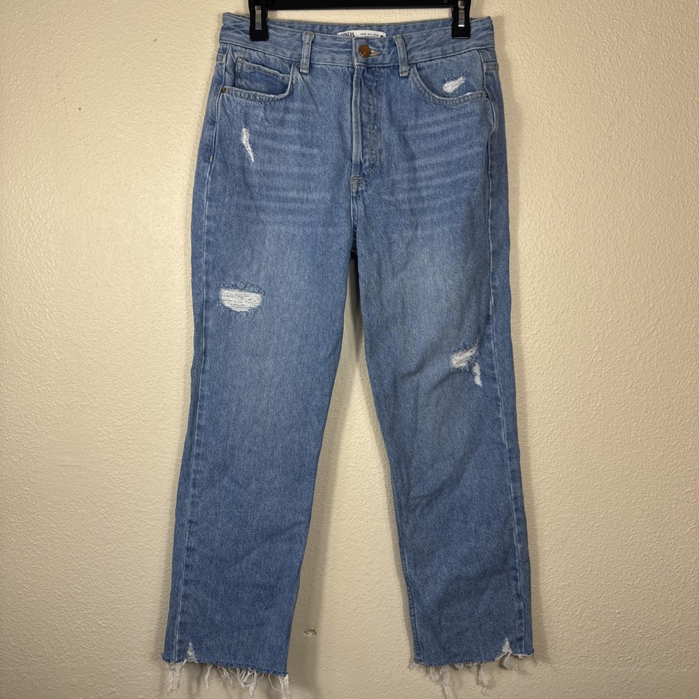 Zara Women's Blue Denim Distressed Four Button Frayed High Rise Jeans Size 6